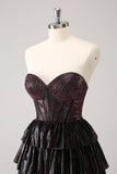 Sparkly Black Pink Sweetheart Tiered Prom Dress with Beading