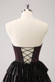 Sparkly Black Pink Sweetheart Tiered Prom Dress with Beading