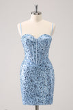 Sparkly Blue Tight Spaghetti Straps Corset Short Prom Dress with Sequins