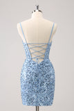Sparkly Blue Tight Spaghetti Straps Corset Short Prom Dress with Sequins