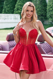 Red A Line Strapless Corset Short Ruffle Cute Prom Dress with Beading