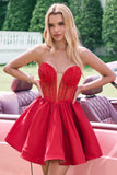 Red A Line Strapless Corset Short Ruffle Cute Prom Dress with Beading