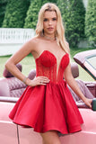 Red A Line Strapless Corset Short Ruffle Cute Prom Dress with Beading
