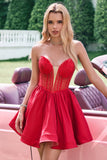 Red A Line Strapless Corset Short Ruffle Cute Prom Dress with Beading