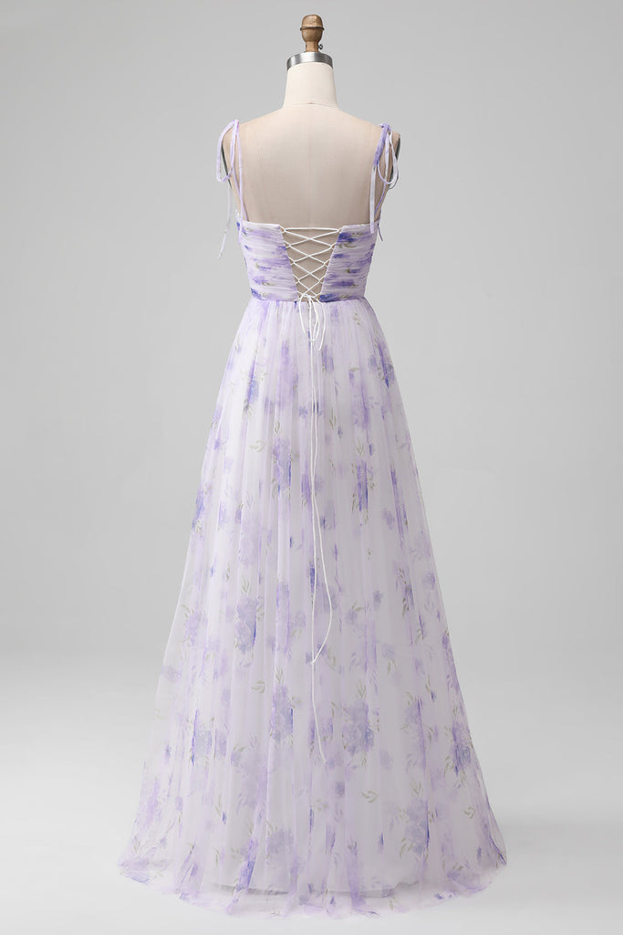 Leely Women Lavender Floral Print A-line Long Bridesmaid Dress with