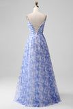 Blue Pleated Spaghetti Straps A Line Floral Bridesmaid Dress
