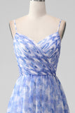 Blue Pleated Spaghetti Straps A Line Floral Bridesmaid Dress