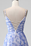 Blue Pleated Spaghetti Straps A Line Floral Bridesmaid Dress