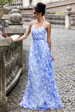 Blue Pleated Spaghetti Straps A Line Floral Bridesmaid Dress