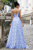 Blue Pleated Spaghetti Straps A Line Floral Bridesmaid Dress