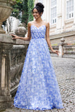 Blue Pleated Spaghetti Straps A Line Floral Bridesmaid Dress