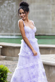 Lavender A Line Corset Spaghetti Straps Floral Tiered Long Bridesmaid Dress