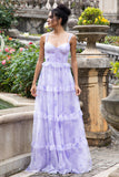 Lavender A Line Corset Spaghetti Straps Floral Tiered Long Bridesmaid Dress