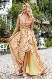 Yellow Small Flower Hollow Out A Line Wedding Guest Dress with Slit