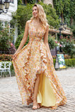 Yellow Small Flower Hollow Out A Line Wedding Guest Dress with Slit