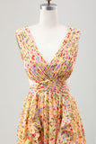 Yellow Small Flower Hollow Out A Line Wedding Guest Dress with Slit