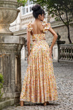 Yellow Flower A Line Cut Out Wedding Guest Dress with Slit