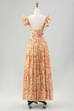 Yellow Flower A Line Cut Out Wedding Guest Dress with Slit