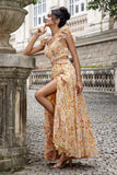Yellow Flower A Line Cut Out Wedding Guest Dress with Slit
