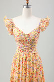 Yellow Flower A Line Cut Out Wedding Guest Dress with Slit