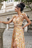 Yellow Flower A Line Cut Out Wedding Guest Dress with Slit