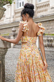 Yellow Flower A Line Cut Out Wedding Guest Dress with Slit