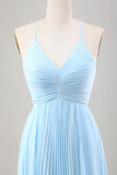Sky Blue V Neck A Line Chiffon Wedding Guest Dress with Lace Up Back