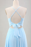 Sky Blue V Neck A Line Chiffon Wedding Guest Dress with Lace Up Back