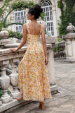 Yellow Flower Front Twist A Line Wedding Guest Dress with Slit