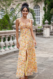 Yellow Flower Front Twist A Line Wedding Guest Dress with Slit