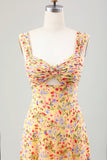 Yellow Flower Front Twist A Line Wedding Guest Dress with Slit