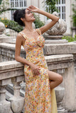 Yellow Flower Front Twist A Line Wedding Guest Dress with Slit