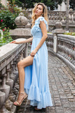Sky Blue A Line Pleated Chiffon Wedding Guest Dress with Slit
