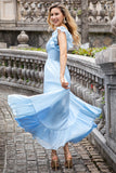 Sky Blue A Line Pleated Chiffon Wedding Guest Dress with Slit