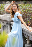 Sky Blue A Line Chiffon Wedding Guest Dress with Ruffle Sleeves
