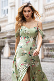 Green A Line Cold Shoulder Floral Wedding Guest Dress with Slit