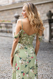 Green A Line Cold Shoulder Floral Wedding Guest Dress with Slit
