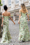Green A Line Cold Shoulder Floral Wedding Guest Dress with Slit
