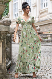 Green Flower A Line Twist Front Wedding Guest Dress with Lace Up Back