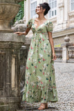 Green Flower A Line Twist Front Wedding Guest Dress with Lace Up Back