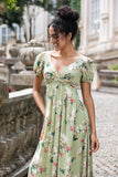 Green Flower A Line Twist Front Wedding Guest Dress with Lace Up Back