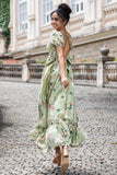 Green Flower A Line Twist Front Wedding Guest Dress with Lace Up Back