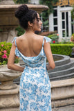Elegant White Blue Flower Mermaid Wedding Guest Dress with Slit