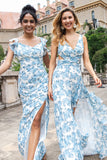 Elegant White Blue Flower Mermaid Wedding Guest Dress with Slit