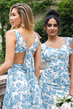 Elegant White Blue Flower Mermaid Wedding Guest Dress with Slit