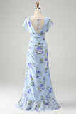 Blue Floral A Line Ruffles Asymmetrical Wedding Guest Dress