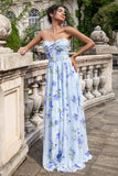 Blue Floral A Line Sweetheart Pleated Chiffon Wedding Guest Dress