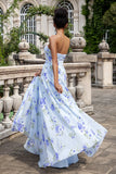 Blue Floral A Line Sweetheart Pleated Chiffon Wedding Guest Dress