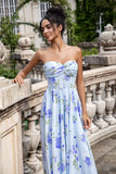 Blue Floral A Line Sweetheart Strapless Pleated Long Wedding Guest Dress