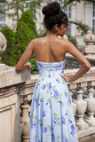 Blue Floral A Line Sweetheart Pleated Chiffon Wedding Guest Dress
